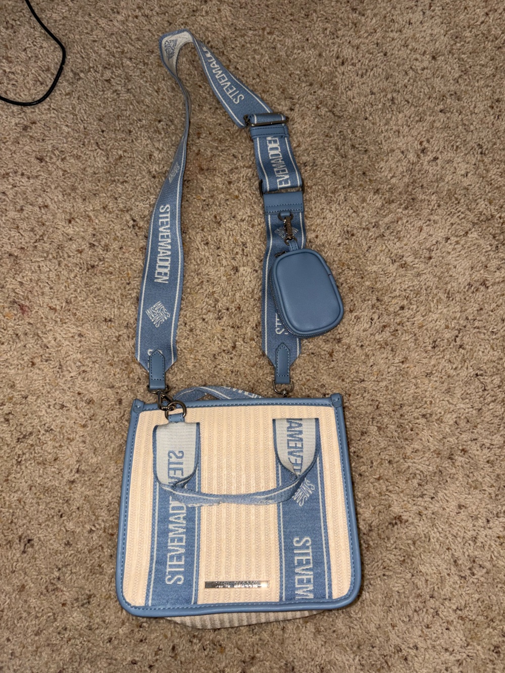 Steve Madden Blue and Cream Canvas Crossbody with Branded Strap